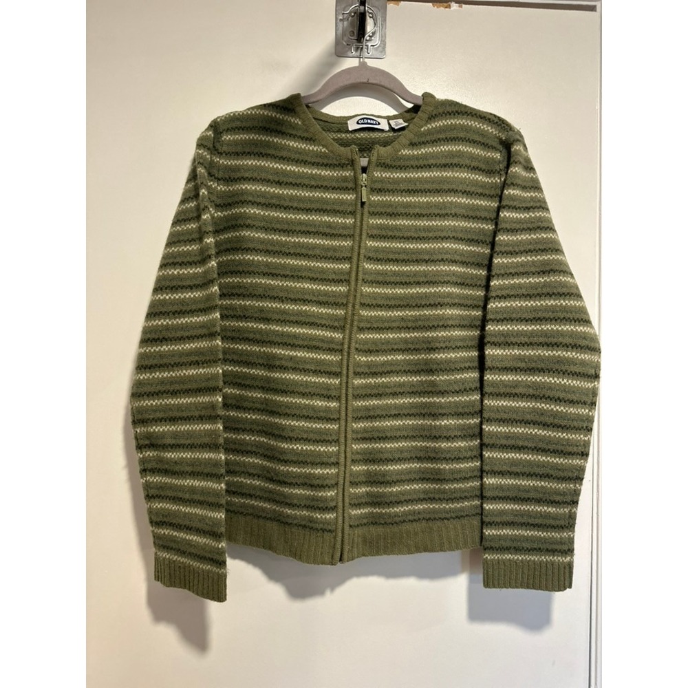 VTG Old Navy Lambswool Sweater Sz:XL Gorpcore Striped Green full Zip Cardigan
